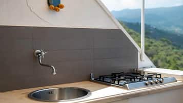 A kitchen with a gas stove, a sink, and a window overlooking a mountainous landscape.
