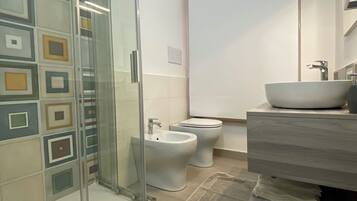 Shower, hair dryer, bidet, towels