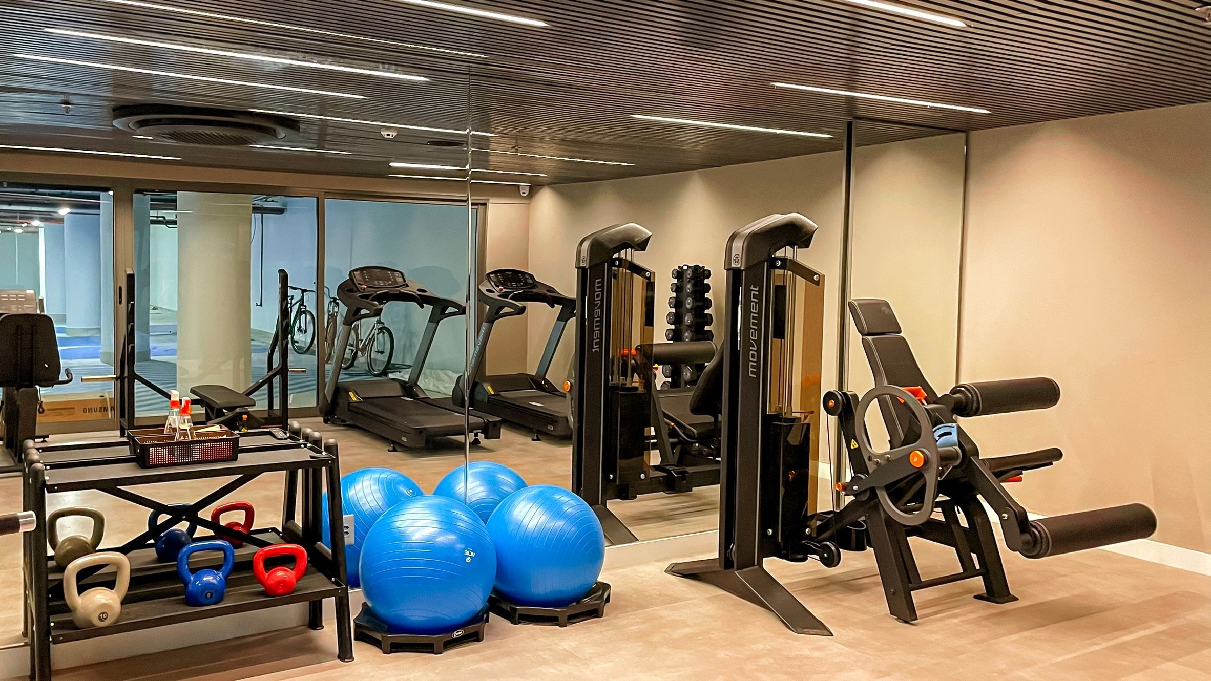 A gym with treadmills, weight machines, and exercise balls.