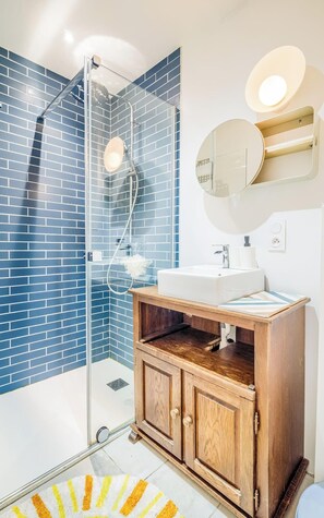 Shower, hair dryer, toilet paper