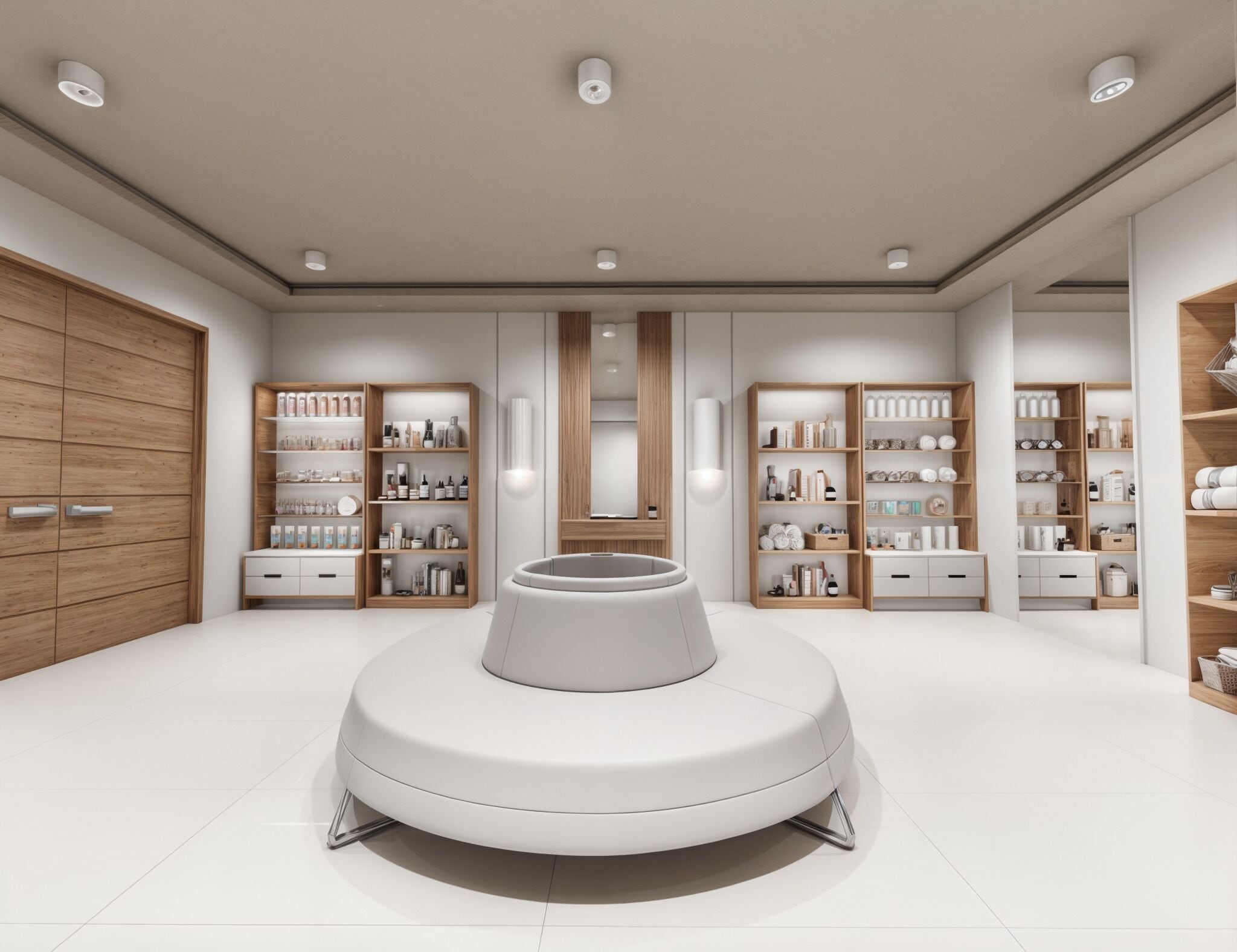 A modern, well-lit room with a central circular seating area, wooden shelving units on the walls, and a large wardrobe.