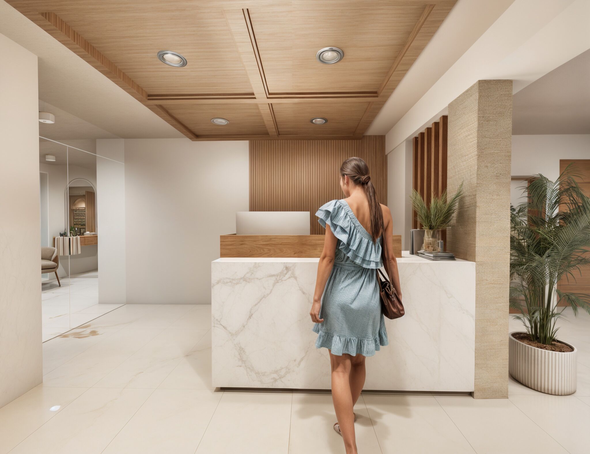 Una moderna zona de recepción con un mostrador de mármol, techo de madera y plantas en macetas.