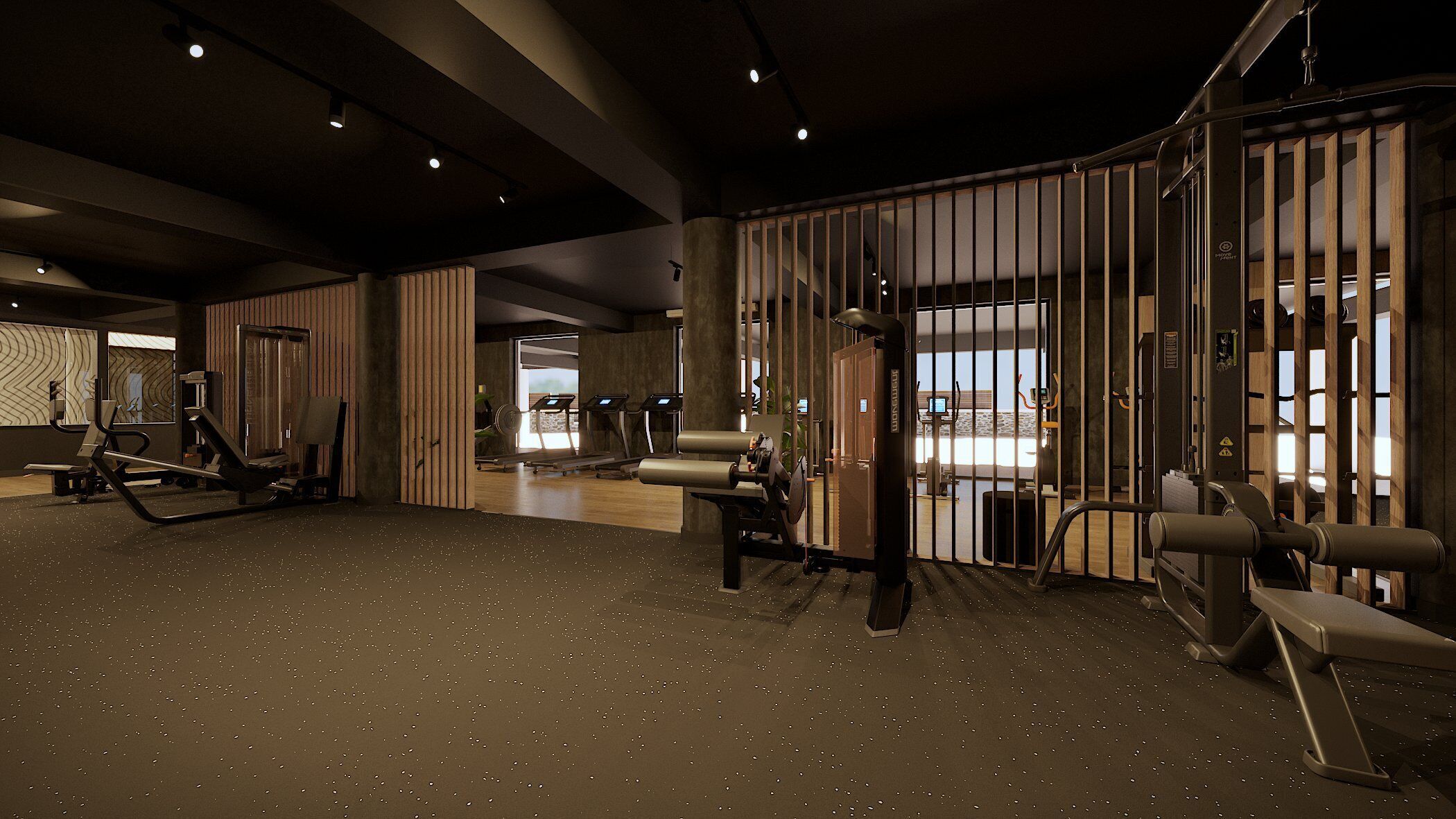 A modern gym with various exercise equipment, a large mirror, and a view of the cityscape through a large window.