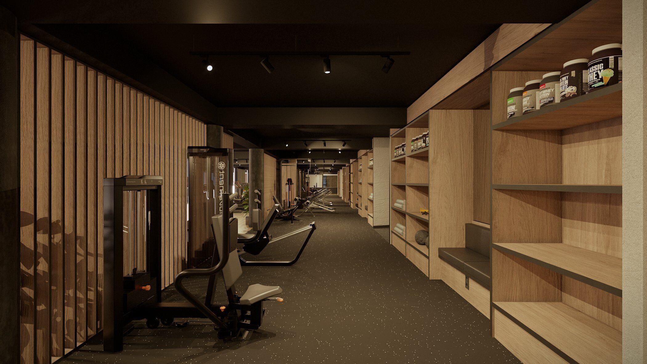 A gym with exercise equipment, wooden walls, and shelves with jars.