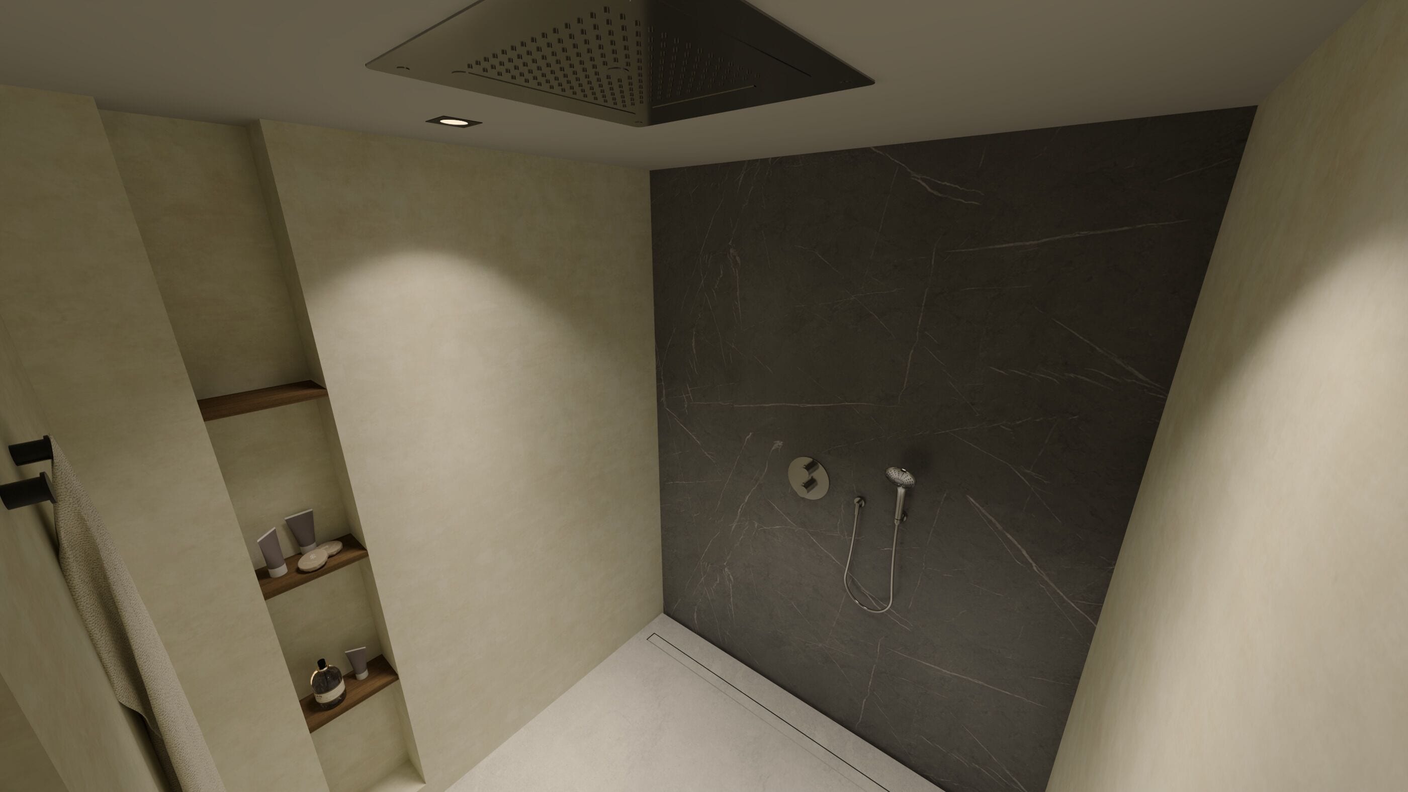 A modern bathroom with a shower, a toilet, and a sink.