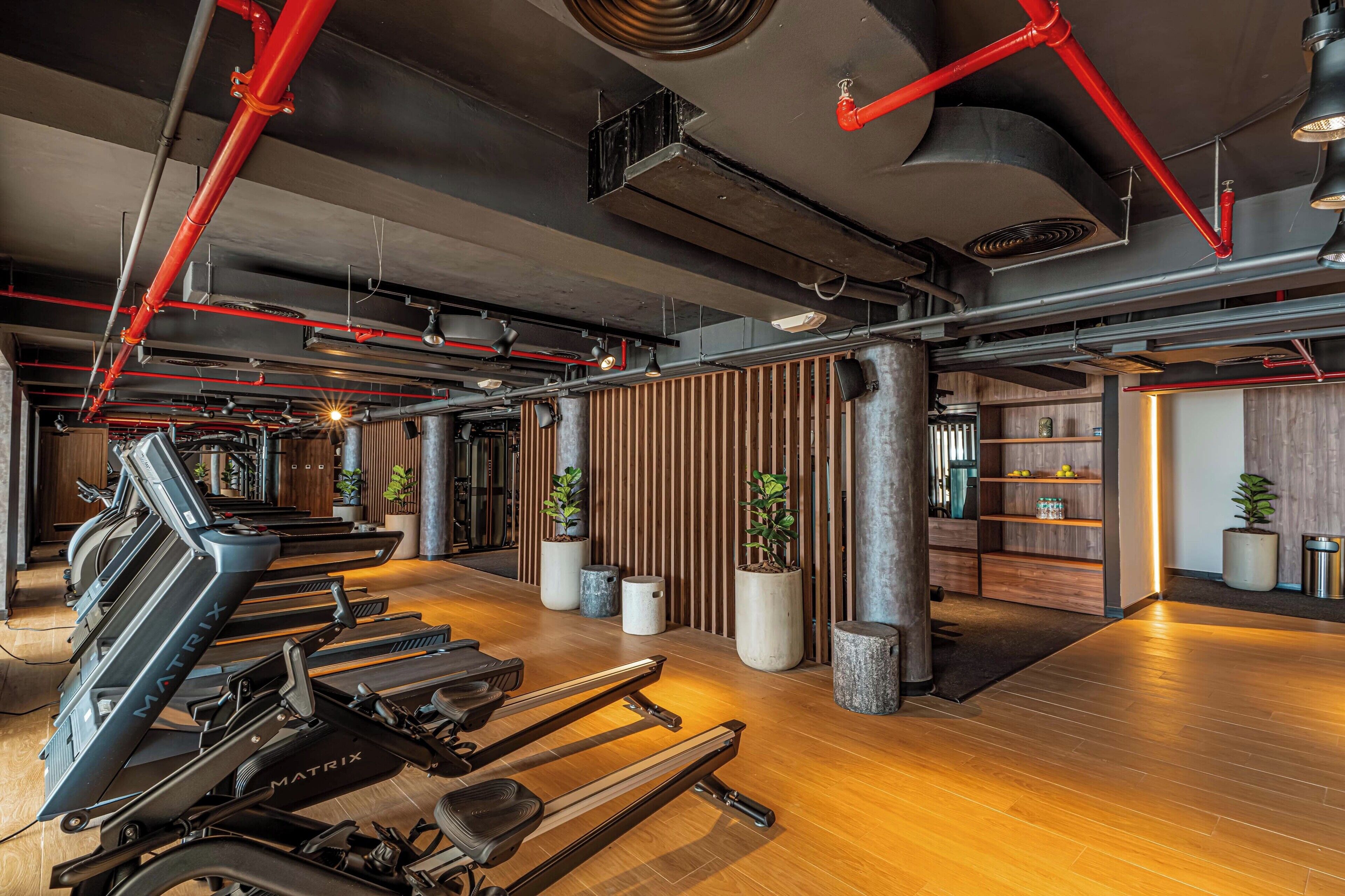 Un gimnasio con cintas de correr, paneles de madera y plantas en macetas.