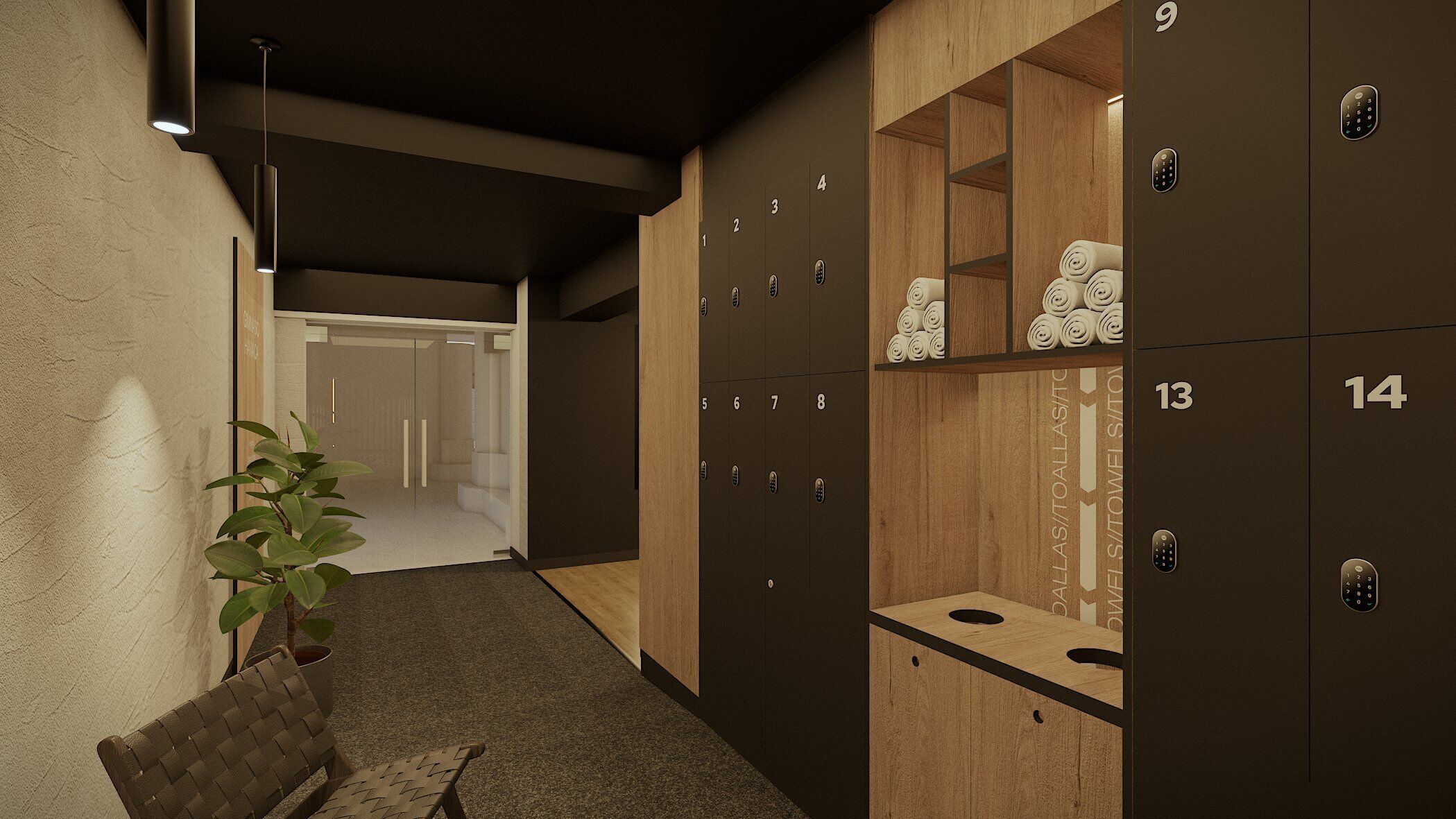 A hallway with lockers numbered 1 to 14, a bench, and a potted plant.
