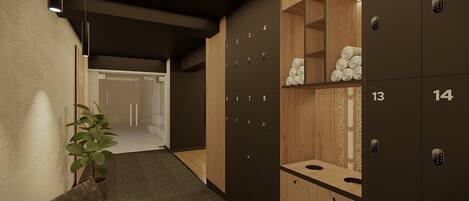 A hallway with lockers numbered 1 to 14, a bench, and a potted plant.