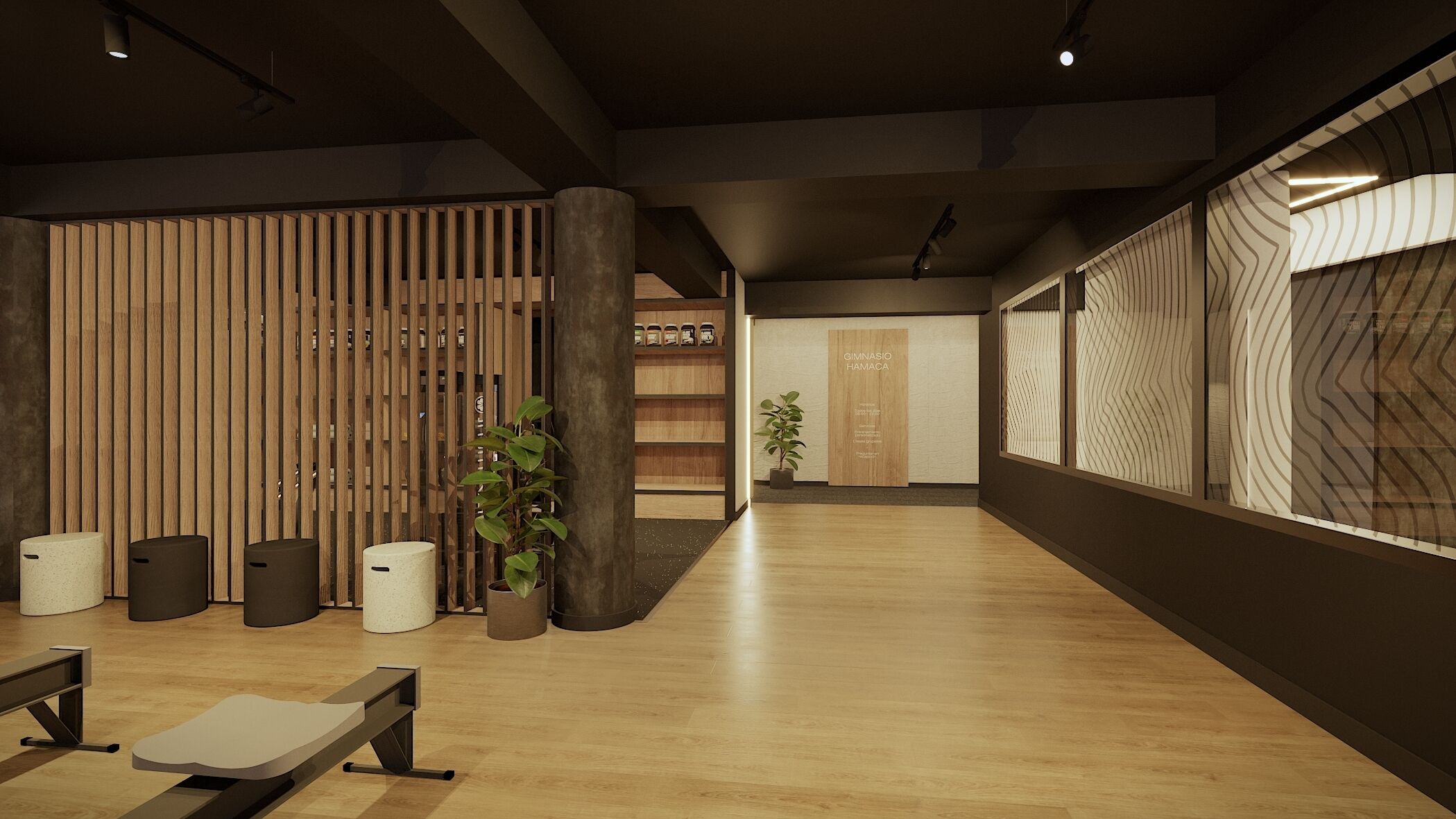 A modern interior with wooden slats, a reception desk, and a plant.