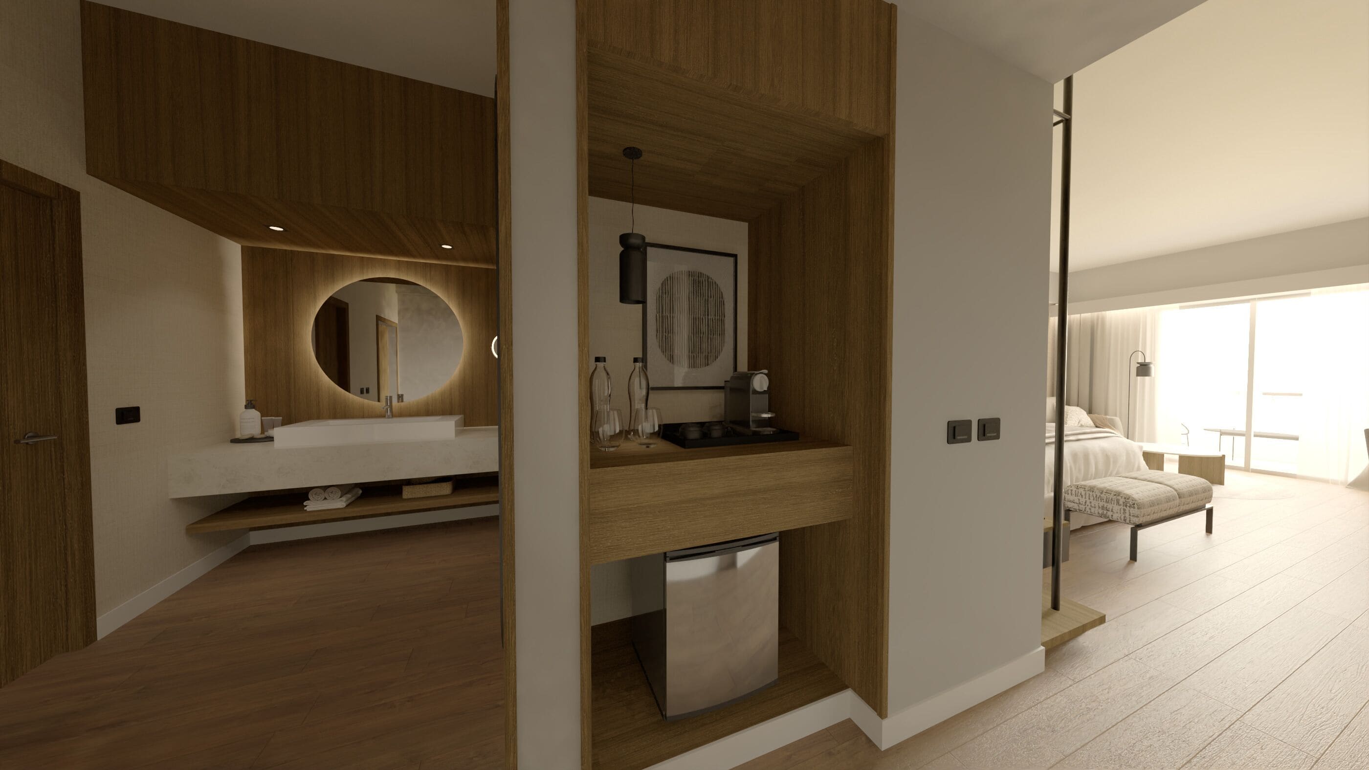 Una habitación de hotel moderna con detalles de madera, un espejo redondo, una cafetera integrada y una puerta corredera que da a un balcón.