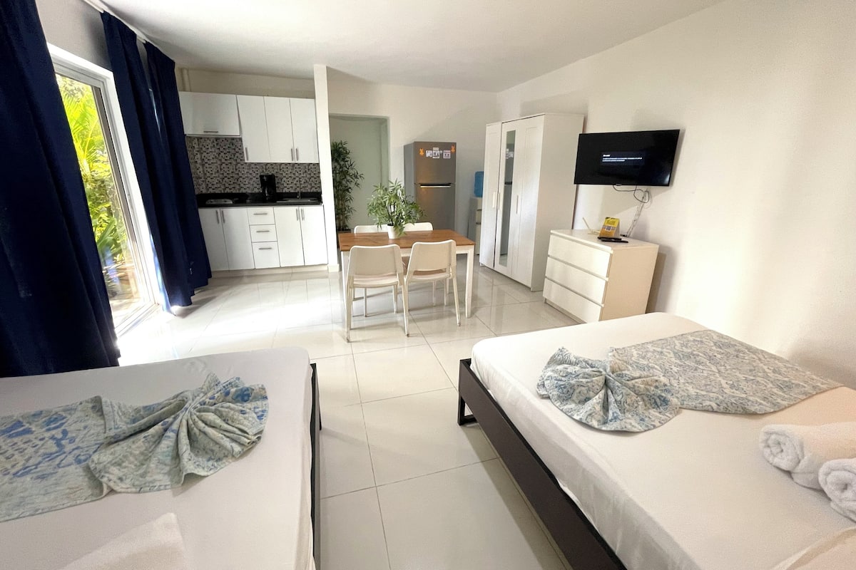 Habitación de hotel con dos camas, televisión, escritorio y kitchenette.