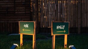 Two directional signs, one pointing left labeled 'OAK' and the other pointing right labeled 'HOLLY'.