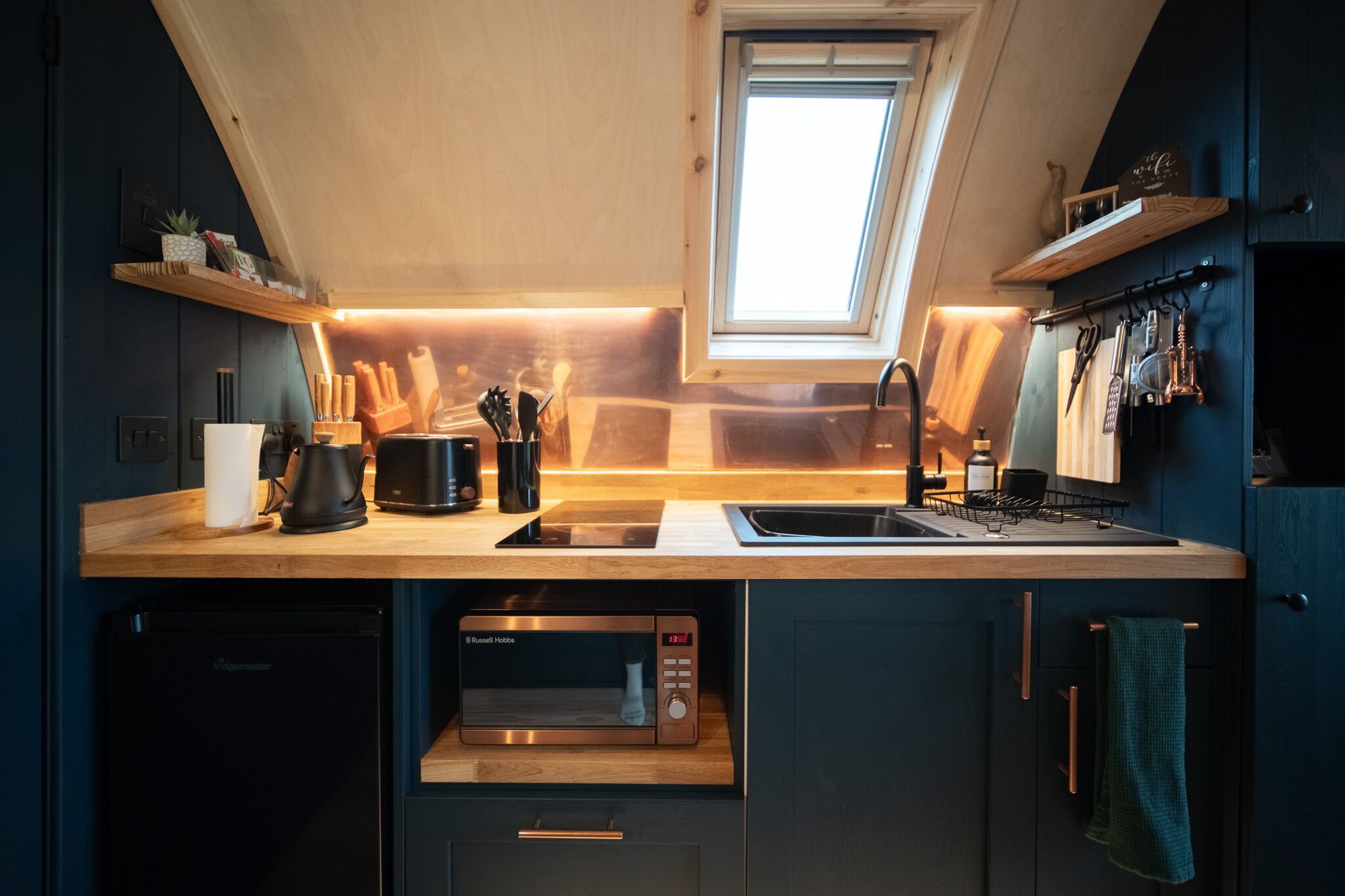 Fridge, microwave, stovetop, coffee/tea maker