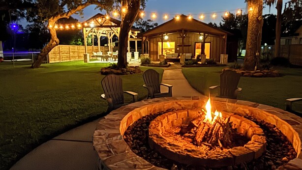 A circular fire pit with a stone border, surrounded by outdoor seating.