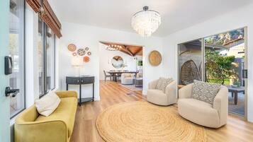 Smart TV, fireplace, books, computer monitors