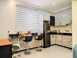 Fridge, microwave, electric kettle, blender