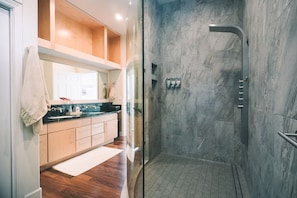 Hair dryer, towels, soap, toilet paper