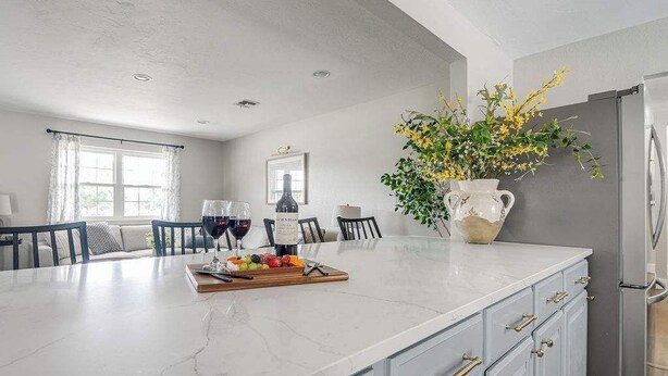 A modern kitchen with a marble island, a refrigerator, and a vase with flowers. - 108 Wisteria Dr (Fredericksburg)