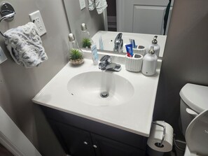 Hair dryer, towels, soap, toilet paper