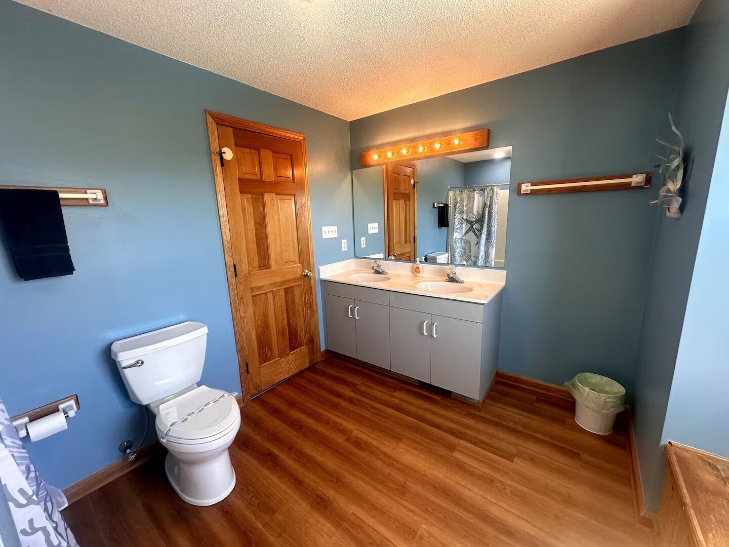 A bathroom with a wooden floor, a white toilet, a vanity with two sinks, and a mirror with lights.