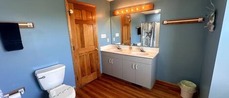 A bathroom with a wooden floor, a white toilet, a vanity with two sinks, and a mirror with lights.