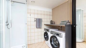 Hair dryer, towels, soap, toilet paper