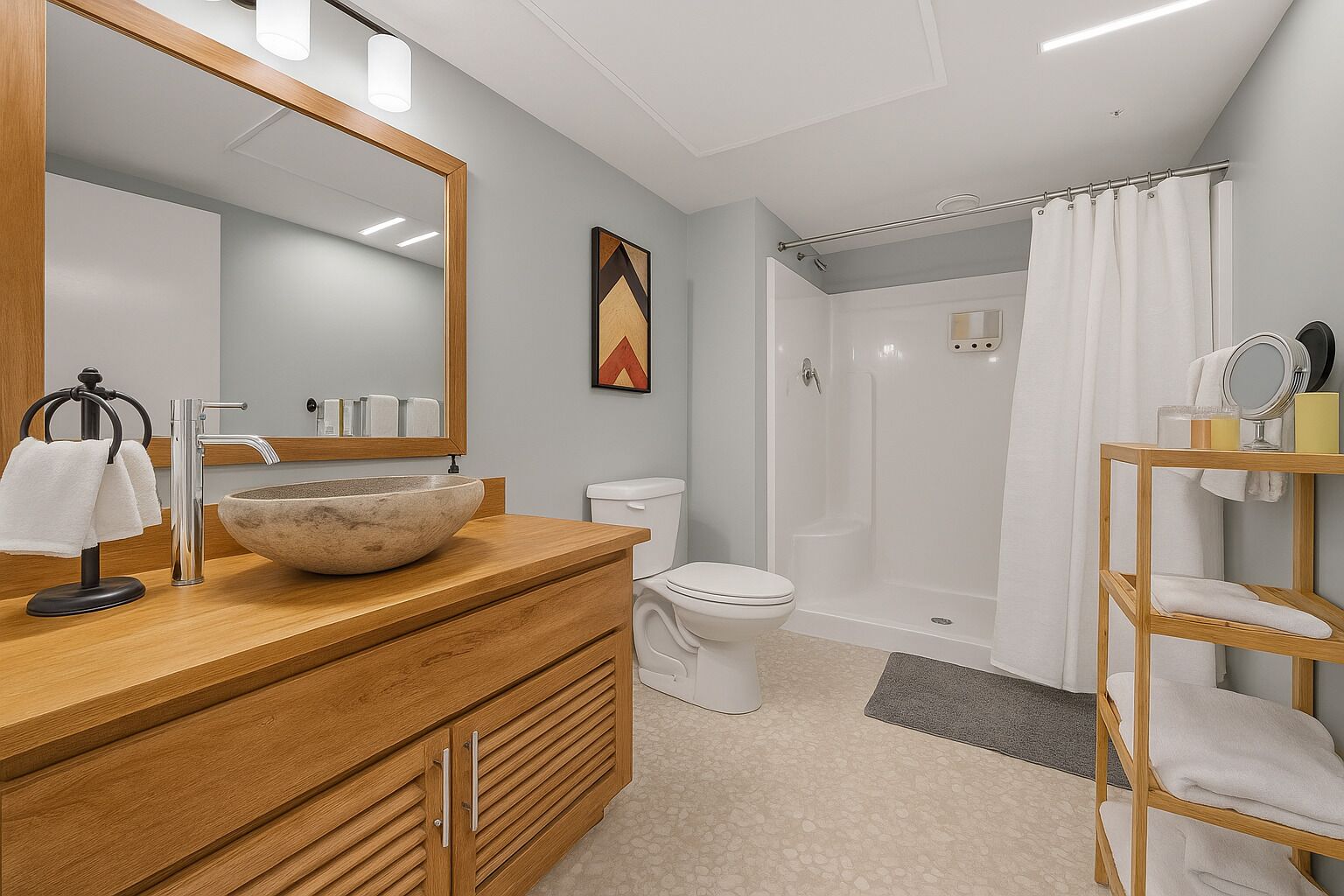 Hair dryer, towels, soap, toilet paper