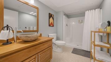 Hair dryer, towels, soap, toilet paper