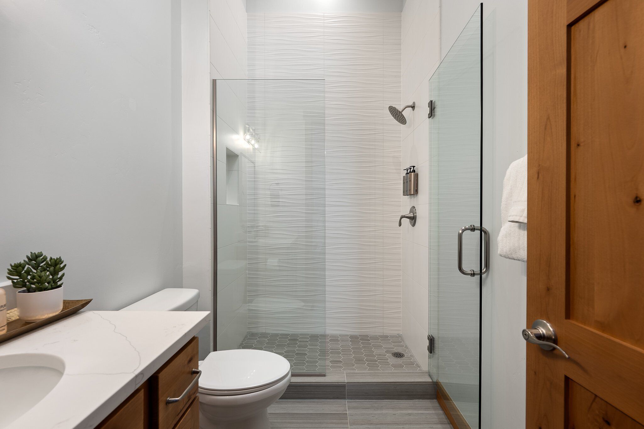 A modern bathroom with a glass shower enclosure, a white toilet, and a wooden door.