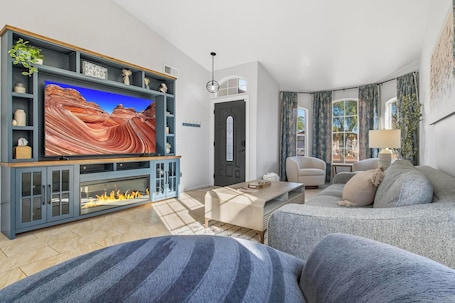 TV. Family-Friendly Oasis : Heated Pool • Hot Tub • Fire Pit • Games • Coffee Bar
