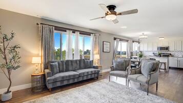 Smart TV, fireplace, table football, books