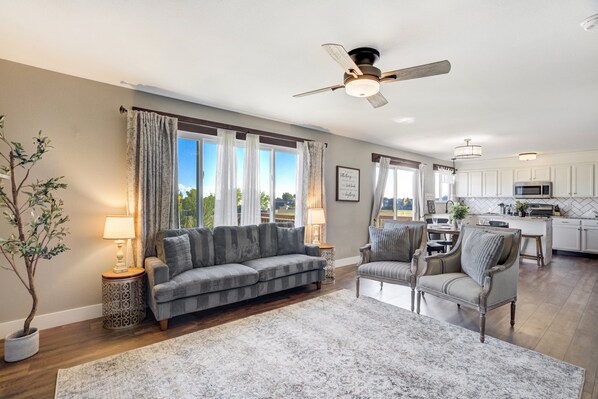 Smart TV, fireplace, foosball, books