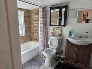 Hair dryer, towels, soap, toilet paper