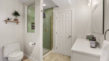 A bathroom with a toilet, a shower with a glass door, a sink with toiletries, and a mirror.