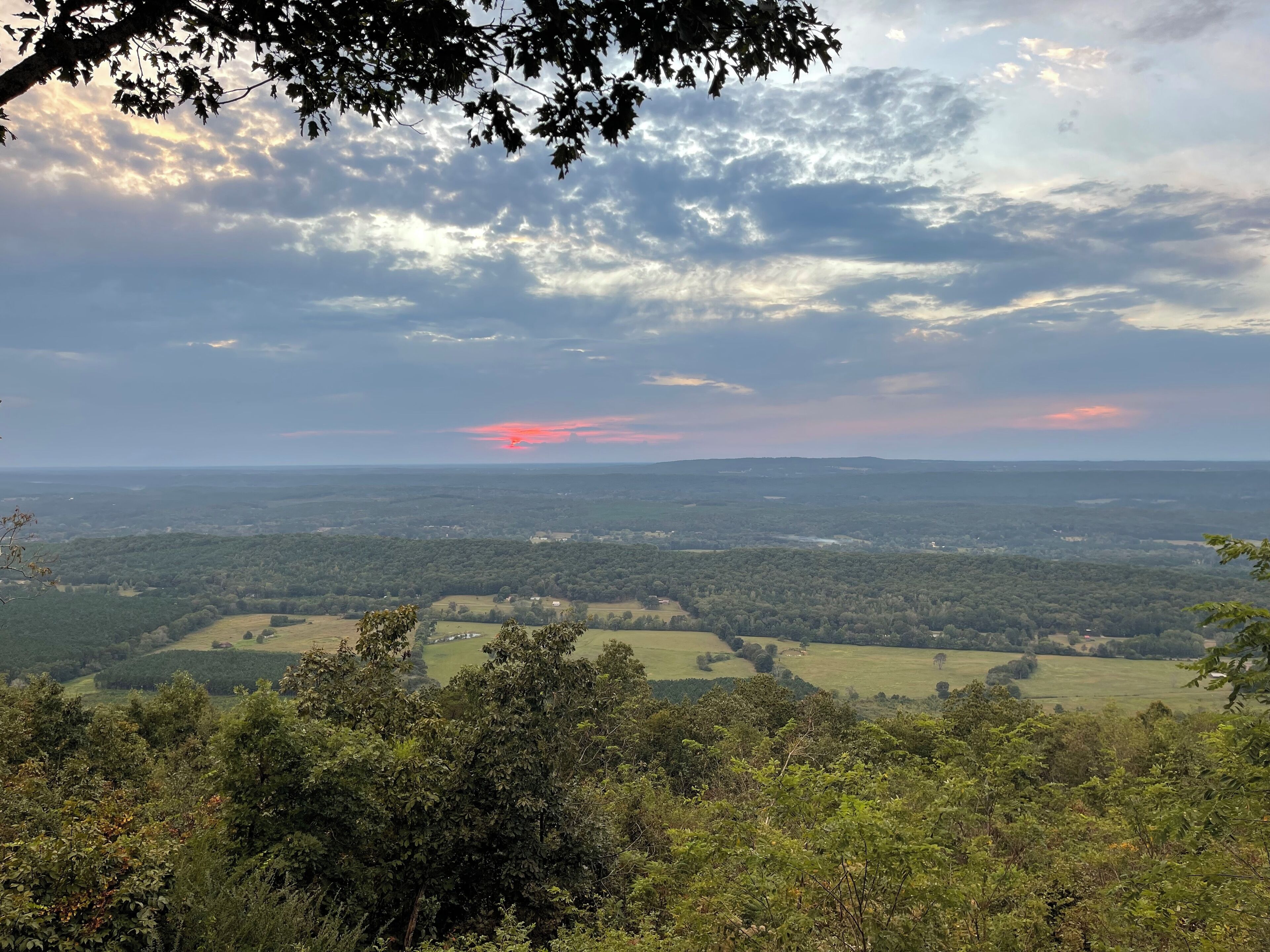 A panoramic view of a hilly landscape with dense forests and scattered fields.