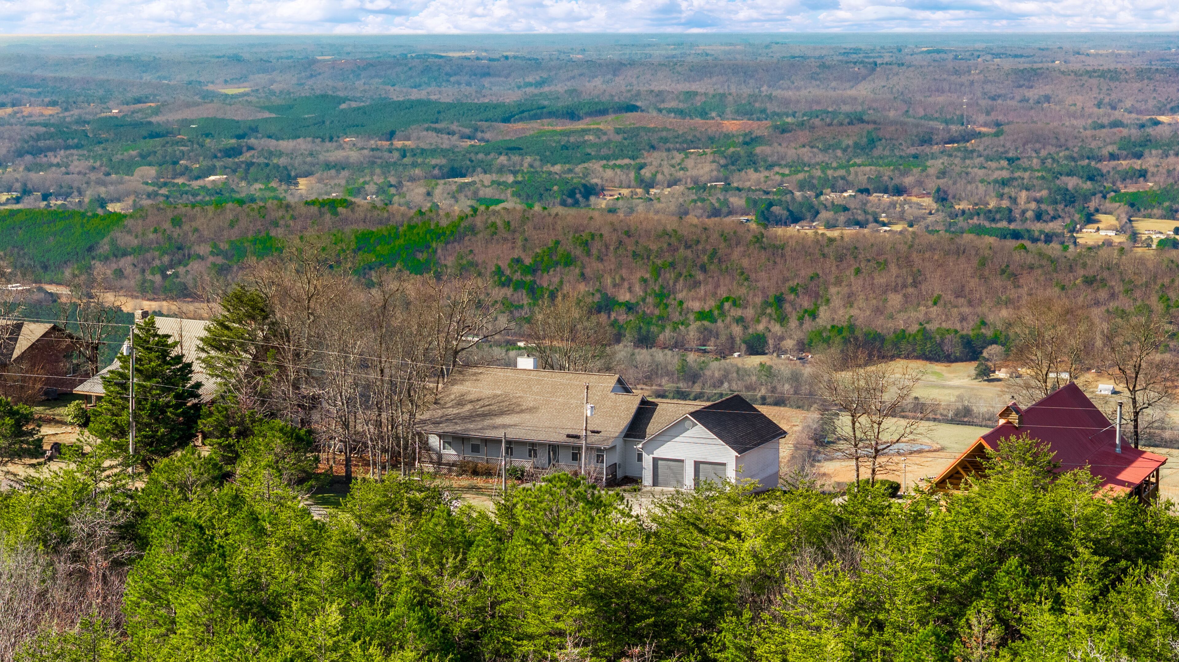 A residential area with houses surrounded by dense forests and open fields.