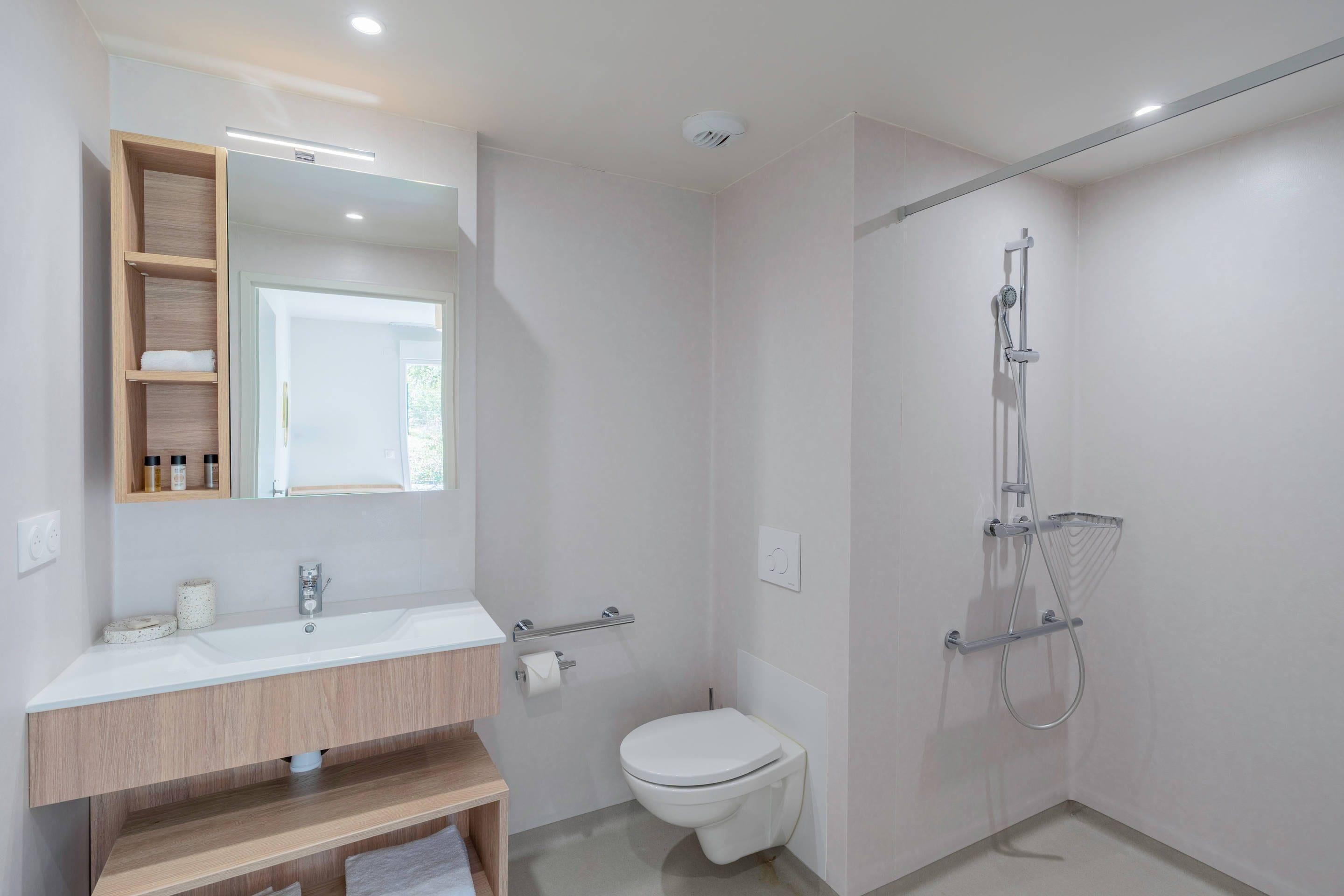 Une salle de bain moderne avec un lavabo blanc, un miroir et des toilettes. On y trouve une douche équipée d’un pommeau de douche à main et d’une cabine de douche en verre.