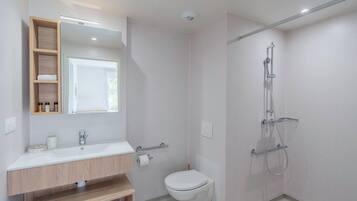 Une salle de bain moderne avec un lavabo blanc, un miroir et des toilettes. On y trouve une douche équipée d’un pommeau de douche à main et d’une cabine de douche en verre.