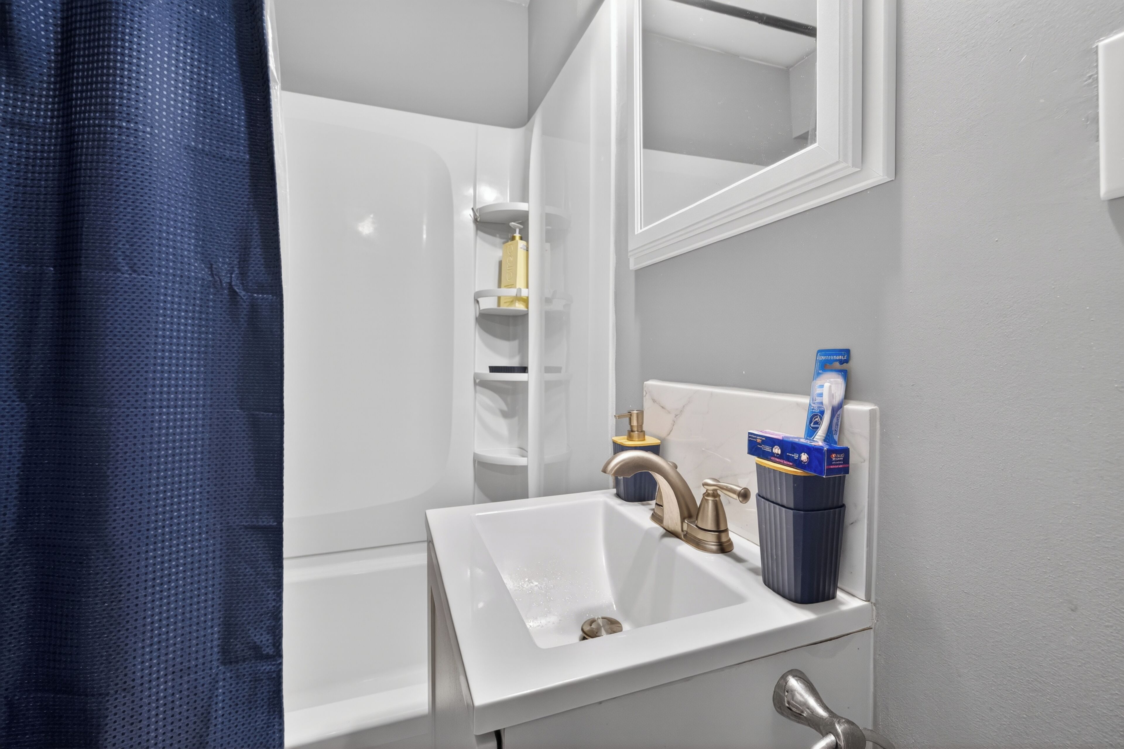 Hair dryer, towels, soap, shampoo