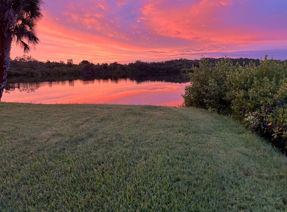 Une zone herbeuse avec une étendue d’eau qui reflète le ciel au coucher du soleil.