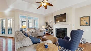 TV, fireplace, DVD player, books