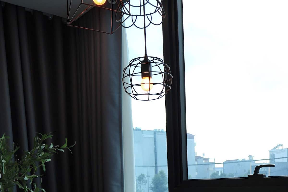 Una habitación con un ventanal grande, una planta en maceta, una mesa con un jarrón de flores y una botella.
