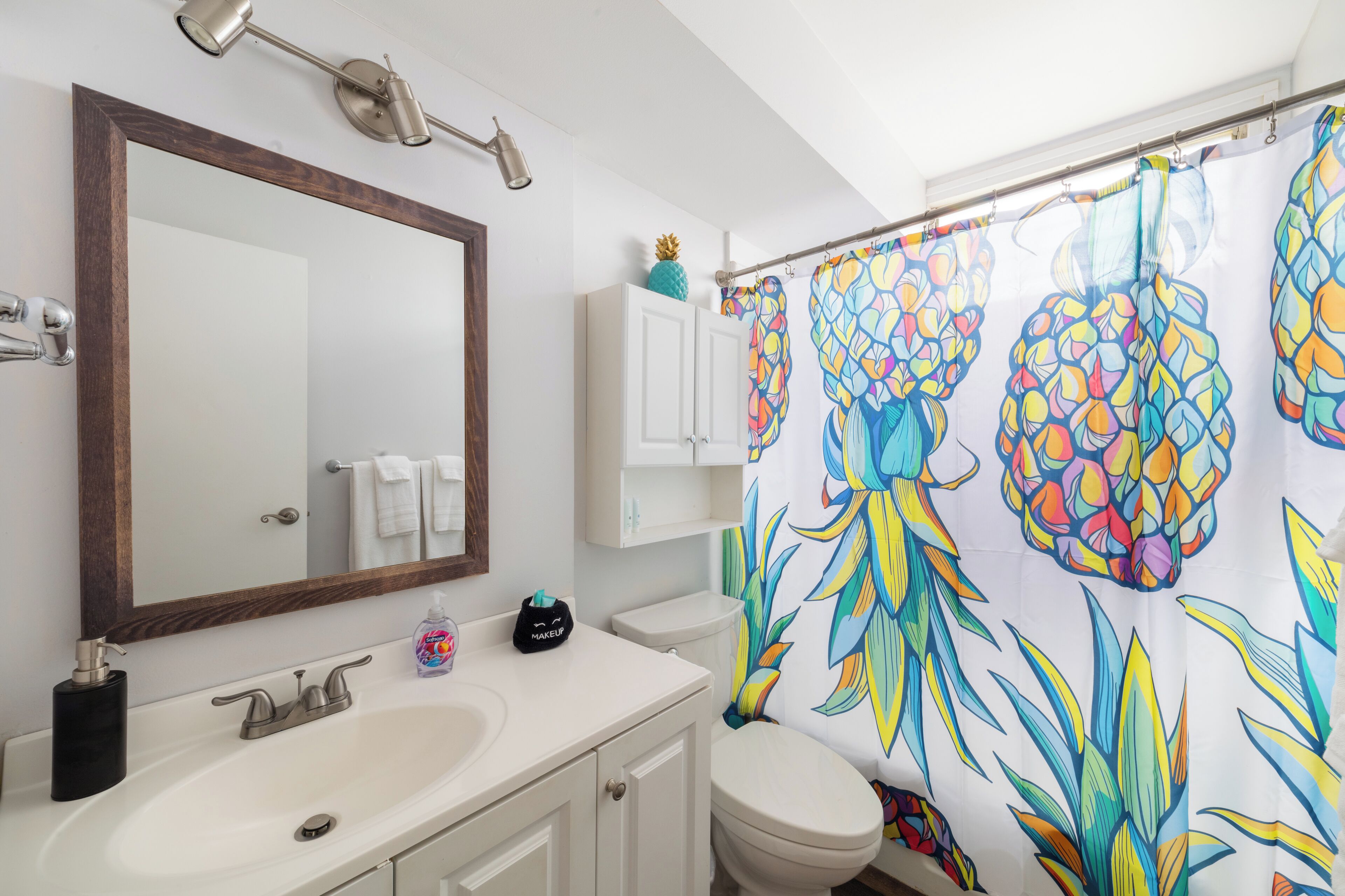 Hair dryer, towels, soap, toilet paper