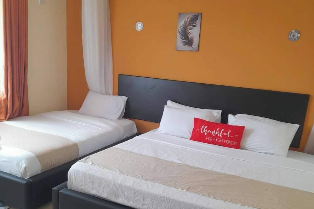 A hotel room with two beds, a large window with curtains, a wall clock, and a feather artwork.