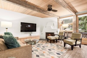 Televisión, chimenea y estéreo 