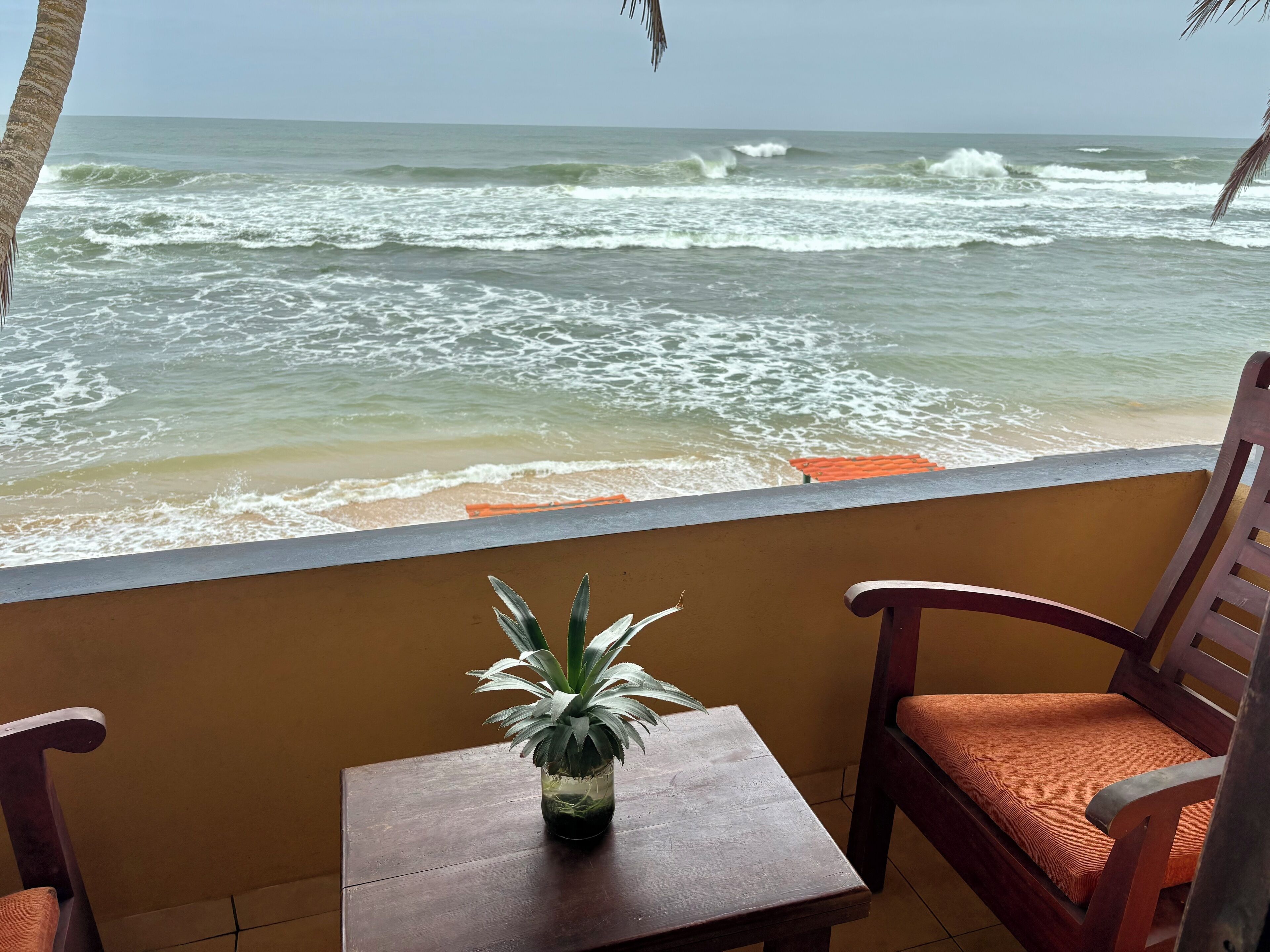 A balcony with a view of the ocean, a small table with a plant, and two wooden chairs.