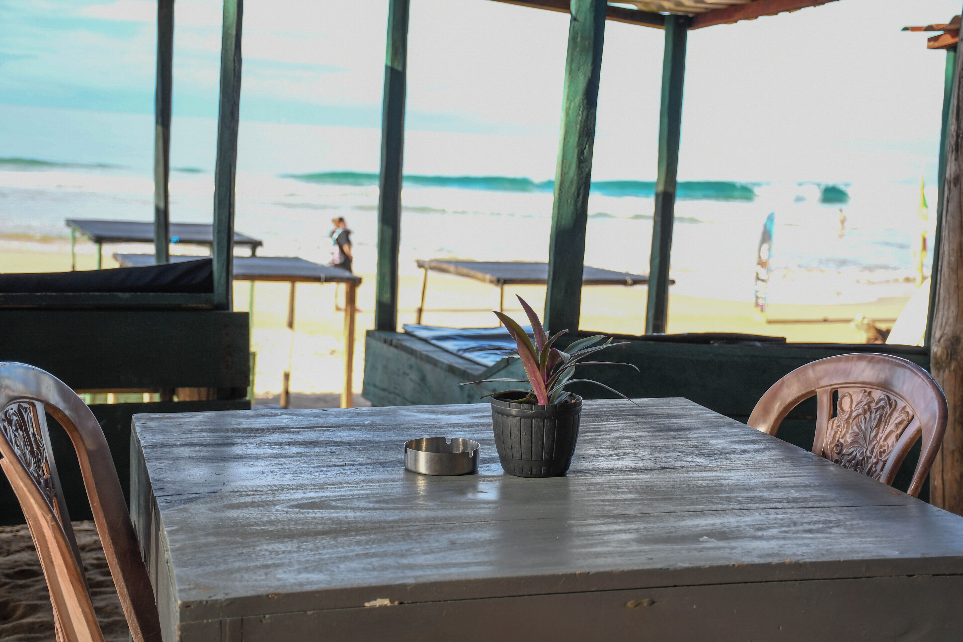 Ein Tisch am Strand mit einem Metall-Aschenbecher und einer Topfpflanze, mit Blick auf das Meer.