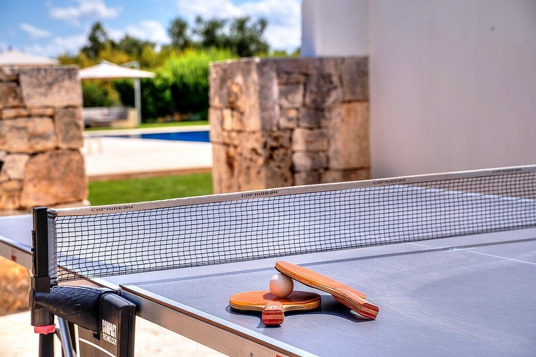 A ping pong table with a net, two paddles, and a ball.
