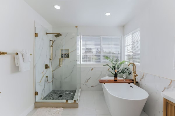 Hair dryer, towels, soap, toilet paper
