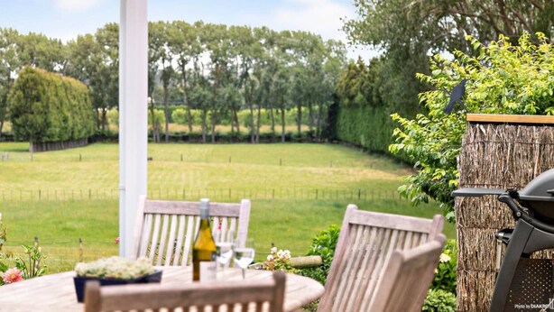 An outdoor patio with a table and chairs, a grill, and a view of a vineyard. - Farm House close to town (Pukekohe)